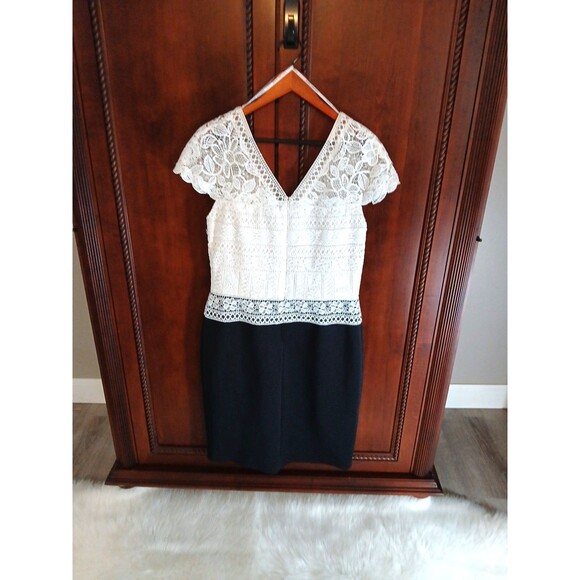 NWT TADASHI SHOJI Women's Sz 14 Black w/Ivory Lace Overlay Formal Dress Elegant! - Picture 7 of 13